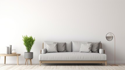A Minimalist Living Room Featuring a Light-Colored Sofa and a Potted Plant