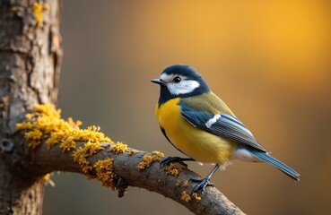 Naklejka premium Small great tit bird rests on textured tree branch. Yellow plumage bright, blue wings soft, black cap white cheeks. Blurred warm light background adds beauty.
