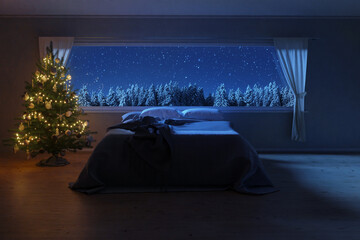 3d rendering of a spacious bedroom with cozy low bed and Christmas tree at night