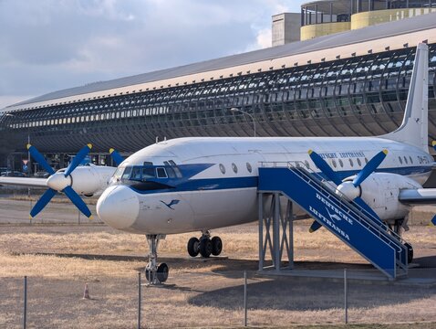 Schkeuditz, Germany &ndash; February 23, 2025: Historic Deutsche Lufthansa turboprop aircraft on static outdoor display at Leipzig/Halle Airport. 