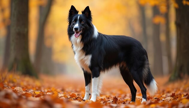 Black and white dog stands alert in autumn forest path covered with fallen orange leaves. Its breed is Mudi. Animal looks healthy and active. Background shows blurred trees with yellow foliage.