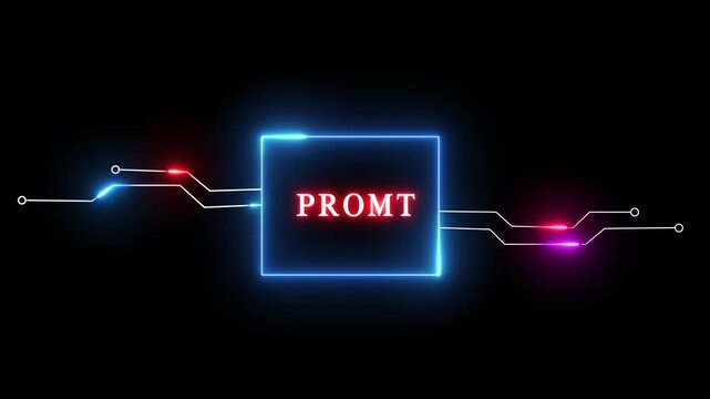 Neon text animation on black background. Promt - neon text animation. Glowing neon line technology animation.