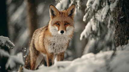 Fototapeta premium Fox stands in snow among trees in winter landscape