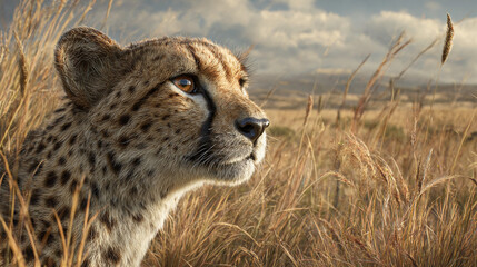 Fototapeta premium Cheetah observing surroundings in tall grass under cloudy sky