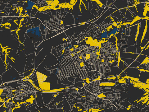 Flat city map of Alchevsk, Ukraine &mdash; dark noir-style city field with soft cream lines and strong yellow points of interest against deep blue water