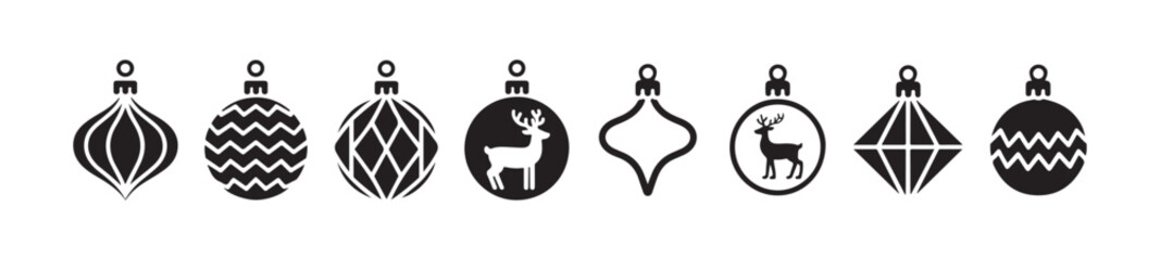 Christmas ornaments vector icon set in black featuring deer, chevron, striped, and diamond patterns