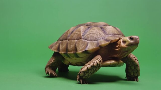 A tortoise walking on a green surface viewed from the side showcasing its shell and legs in a studio setting