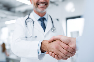 Doctor greets patient with handshake in medical office setting