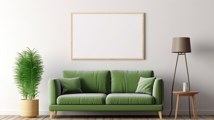 A minimalist living room scene featuring a plush green sofa with two throw pillows, a tall potted plant, and a floor lamp.