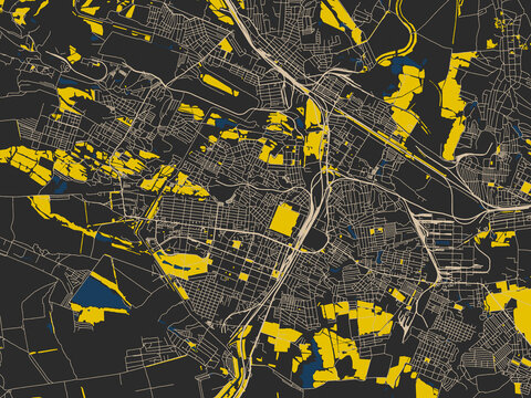 Flat city map of Horlivka, Ukraine in charcoal, ivory and ink-blue tones
