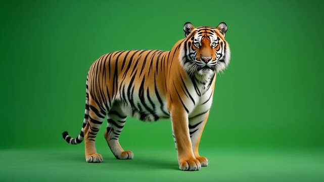 A majestic tiger standing in a studio setting with a green screen background viewed from a slight angle
