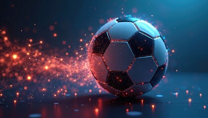 Fototapeta premium Soccer ball with glowing particles, abstract network overlay suggests data analysis for online sports betting, game statistics. Digital football data insights for match results, player performance.