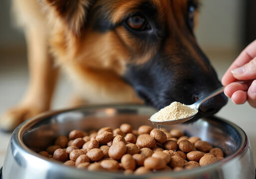 A German Shepherd dog eagerly sniffs kibble in a metal bowl as a hand adds supplement powder with a spoon. This close-up shows pet meal preparation, feeding time, and care for a healthy diet. - Powered by Adobe