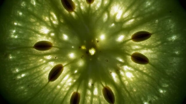 Macro photography of a cross-section of a kiwi fruit, revealing its vibrant green flesh and dark seeds illuminated from behind