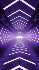 Obraz premium Futuristic neon corridor with illuminated arrows leading to a bright light. Interior design, technological advancement, and science fiction concepts.