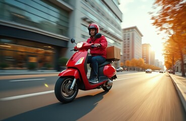 Man on red scooter rides fast on city street. He wears helmet, red jacket, carries box on back. Urban delivery service works quickly during daytime.