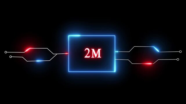 Neon text animation on black background. 2M- neon text animation. Glowing neon line technology animation.