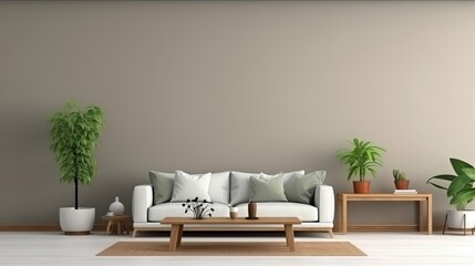A minimalist living room with a neutral color palette and modern furniture, featuring a white sofa and wooden accents.
