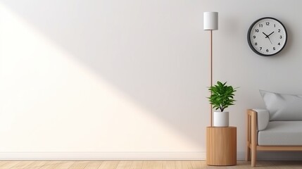 A minimalist living room with a wooden floor, a white wall with a diagonal beam of sunlight, a floor lamp, a potted plant, and a sofa.
