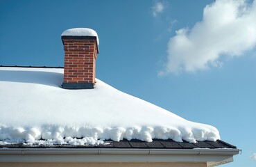 House rooftop covered in heavy snow after winter storm. Chimney and gutter visible under clear blue sky. Heavy snow buildup threatens roof integrity and requires removal.