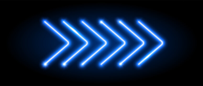 Blue neon arrow elements. Blue glowing led direction sign. Shine tube lamps in arrowhead shape. Bright luminous fluorescent pointer effect for banner, poster, logo. Vector neon led lights illustration