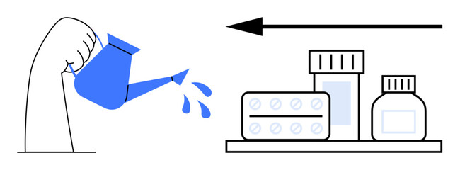 Medication concept. Minimalist design a hand watering and medication bottles on a shelf, health, growth, and care. Medication reminders and daily health maintenance. For wellness, healthcare