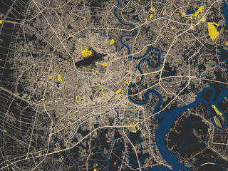 Modern graphic street map of Ho Chi Minh City, Viet Nam, with graphite black base with warm cream road network, signal-yellow open areas and inky blue waterways