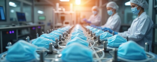 Medical workers in clean suits and masks operate factory assembly line. Manufacturing of blue surgical face masks on conveyor belt in modern sterile facility. Healthcare production at high tech plant.