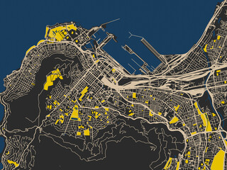 Flat city map of Cape town Center, South Africa &mdash; deep charcoal background with clean cream streets and sharp safety-yellow highlights, accented by ink-blue water