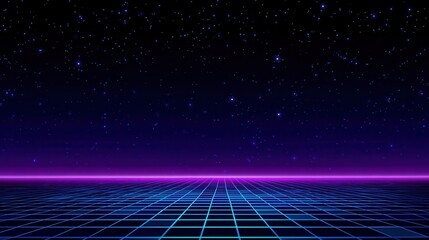 Glowing blue grid lines on cyberpunk landscape with deep purple sky and starry background. Futuristic technology scene with neon digital elements creating perspective view of cosmic environment.