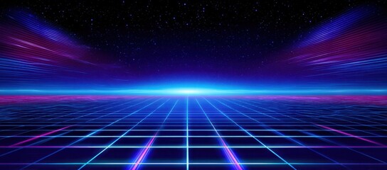 Futuristic digital space with neon grid floor and starry sky. Cyberpunk synthwave scene with glowing blue and purple lines creating dynamic perspective.