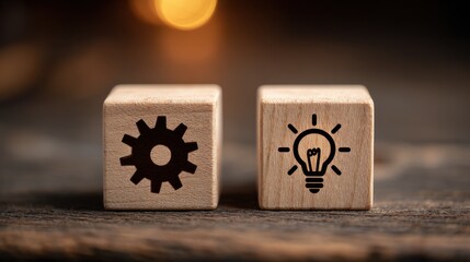 Business concept with two wooden blocks representing execution and innovation. Gear and lightbulb symbols on cubes for strategy planning and creative thinking.
