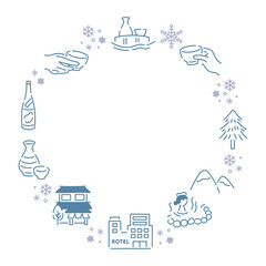 雪見酒が楽しめる温泉宿フレーム素材／雪明かりの淡いカラー