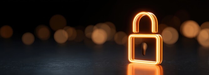 Golden neon lock icon glowing on dark background with bokeh lights. Digital security symbol representing protection, privacy, and cybersecurity with futuristic technology concept.