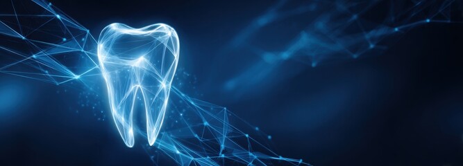Glowing blue digital tooth icon with network connections on dark background representing dental technology and medical health. Futuristic oral care concept with wireframe design and technological elem