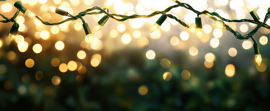 Glowing Christmas string lights garland border with warm bokeh background and empty copy space, ideal for holiday banner - Powered by Adobe