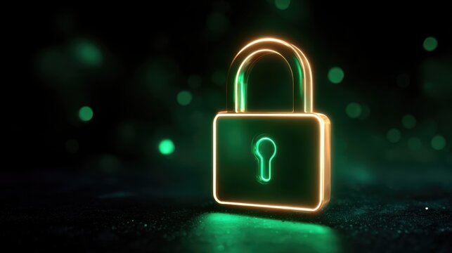 Glowing padlock symbol representing cyber security and data protection. Neon lock icon with green and gold lights on dark background for digital privacy concept. - Powered by Adobe