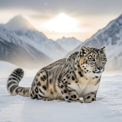 Fototapeta premium Majestic wild feline pauses in a bright, snowy mountain landscape