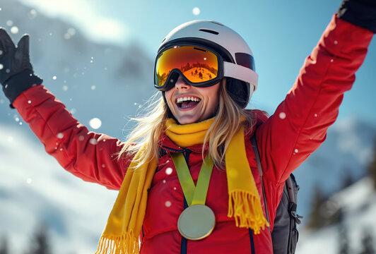 Happy woman skier wears gold medal. She celebrates victory on snowy mountain top. Athlete raises arms, smiling widely, excited about winning competition. Winter sport joy.