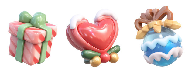 Cute and Colorful 3D Illustrations of Gift Boxes, Heart, and Ornament Icons