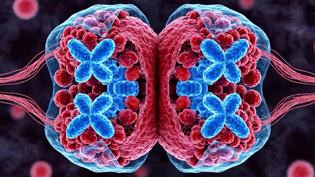 Detailed 3D cellular illustration featuring blue chromosomes in center. Cellular structure background