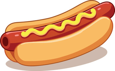 Cartoon Hot Dog with Mustard on a Bun, an Iconic American Fast Food Snack or Street Food Delicacy, Isolated on White Background