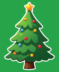 Cartoon Christmas Tree with Bright Star and Colorful Ornaments, Festive Holiday Pine Tree Illustration