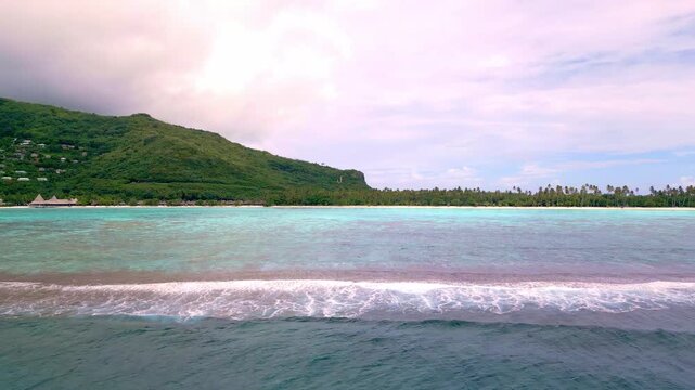 Scenic Aerial shot of Plage de Temae Public Beach in Moorea French Polynesia