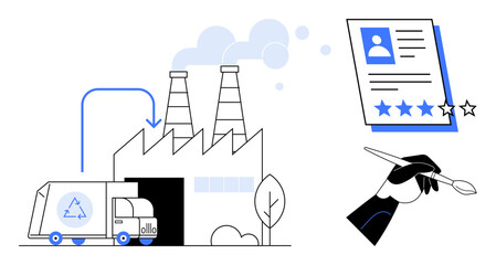Recycling truck approaching factory, emitting chimneys, user performance review, and hand rating. Ideal for sustainability, environmental responsibility, industrial processes, recycling