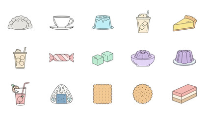 A collection of various sweet and savory food and drink items depicted as simple, colorful outline icons on a white background, perfect for menus or digital designs.