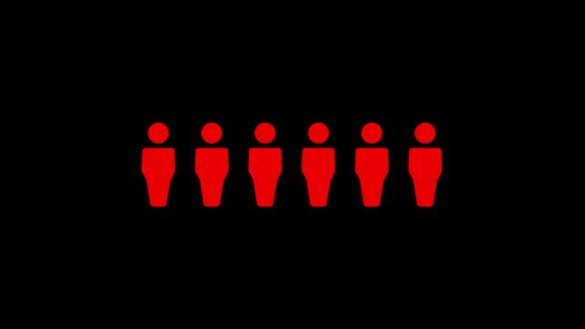Six red simplified human figures in a row on a black background people icon