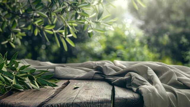 A rustic wooden table with a crumpled white fabric and lush green foliage in the background.
