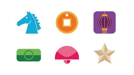 A collection of six colorful flat design icons including a horse, coin, lantern, banknote, bell, and star.