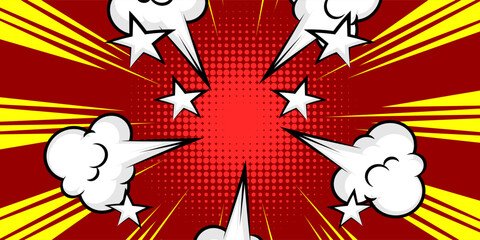 Pop art red yellow comics book cartoon magazine cover. Cartoon funny retro pattern strip mock up. halftone illustration. Vintage backdrop for comic superhero text, speech bubble, message.